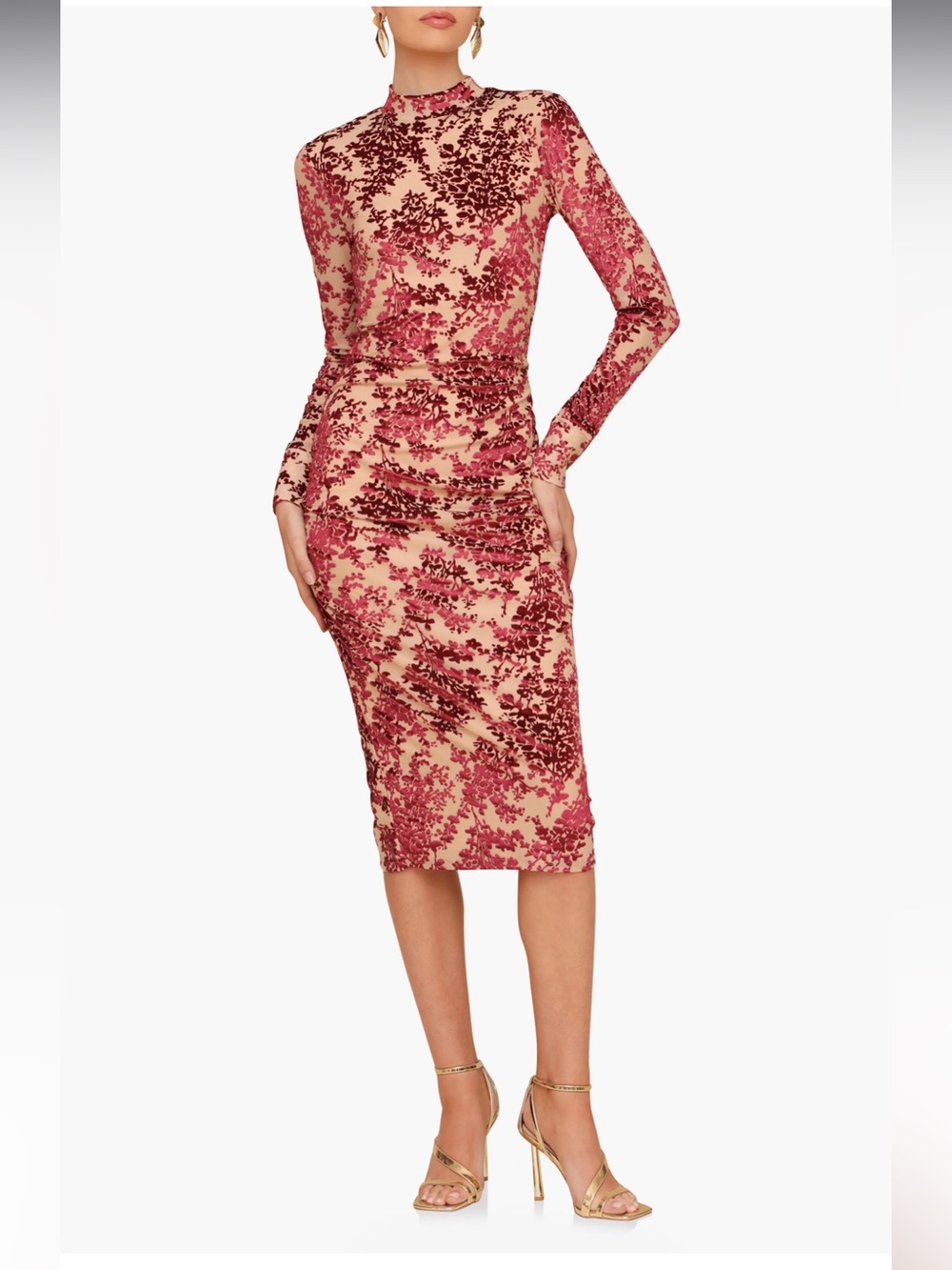 Avec Les Filles Nude and Rose-Red Floral Velvet Midi Dress